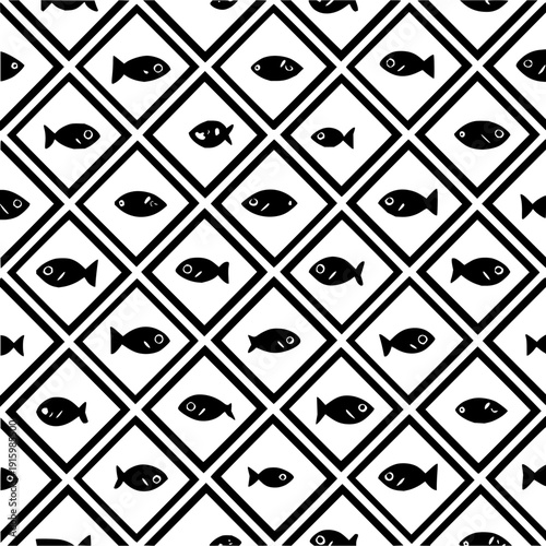 Seamless pattern of stylized black fish inside diamond shapes on a white background design illustration