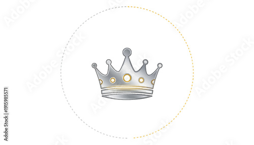 Elegant Silver Crown Icon with Golden Dotted Circle on White Background - Royalty and Luxury Symbol