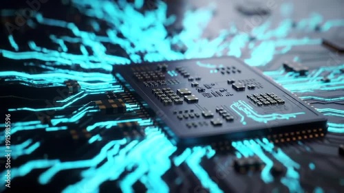 Microchip on Circuit Board with Blue Circuitry.