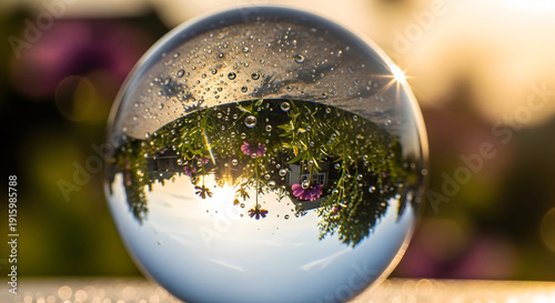 Crystal ball reflecting vibrant flowers and greenery