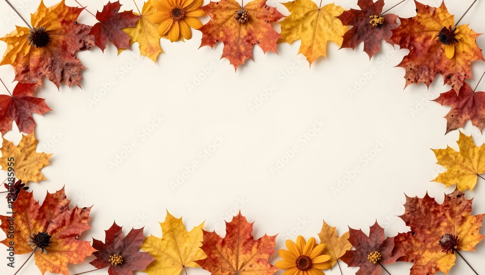 Fototapeta premium Colorful autumn frame adorned with vibrant maple leaves and delicate flowers in warm, inviting tones