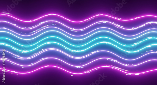 Vibrant neon light waves in purple and blue gradient background