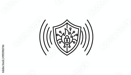 Cybersecurity Shield with Fire and Lock Icon, Digital Network Protection