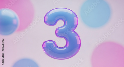 Purple number three balloon floats amidst colorful bokeh background