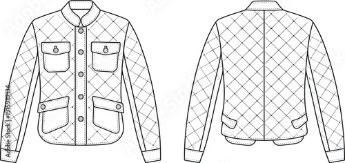 Technical fashion drawing of quilted jacket front and back views with pockets and buttons, detailed apparel design template for clothing manufacturing and garment production