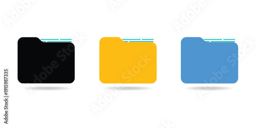 Computer file folder icons set. Colorful document folders. Office folder icons with documents. Folders for reports and important documents. Vector illustration.