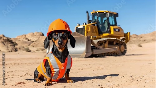 Dachshund construction worker wearing hard hat and vest sitting in front of bulldozer on