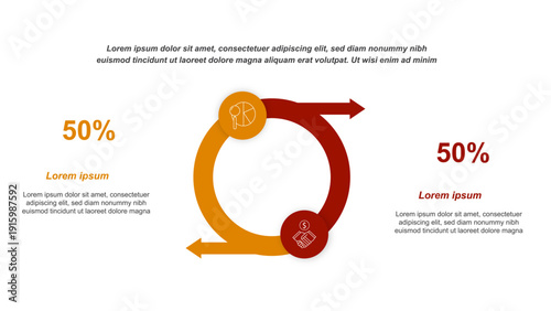 modern circular business infographic with 50 percent comparison, arrow cycle diagram and marketing icons. clean vector layout for data visualization, financial report and strategy presentation.