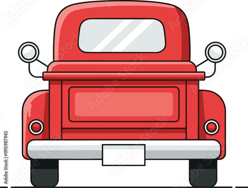 Red pickup truck rear view illustration, cartoon style icon vehicle tail light bumper license plate design, vector artwork, automotive and lifestyle theme, isolated background