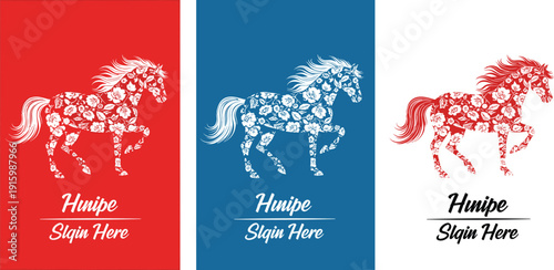 Three horse illustrations in red, blue, and white showcasing various geometric patterns and designs