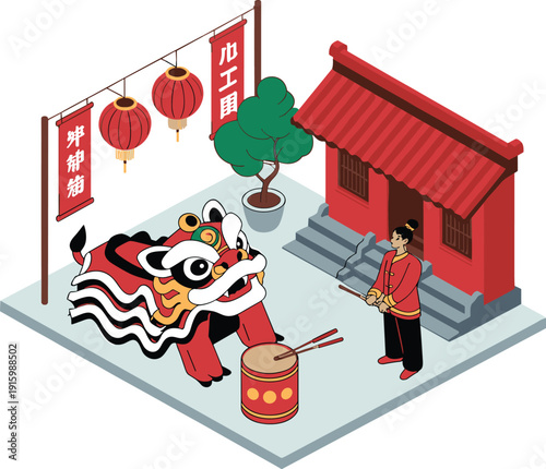 Isometric Chinese lion dance performance at temple entrance, drummer with traditional costume, lantern decorations, Lunar New Year cultural celebration