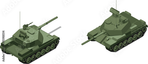 Isometric armored military tank illustration, modern combat vehicle, army artillery weapon, tracked defense system, green 3D engineering model design