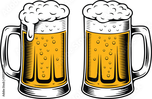 Two beer mugs side by side. Both mugs are filled with a golden liquid, presumably beer, and have a frothy white head on top.