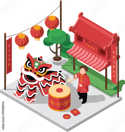 Isometric Chinese lion dance performance with drummer, traditional lanterns, temple building, Lunar New Year cultural celebration festival illustration scene