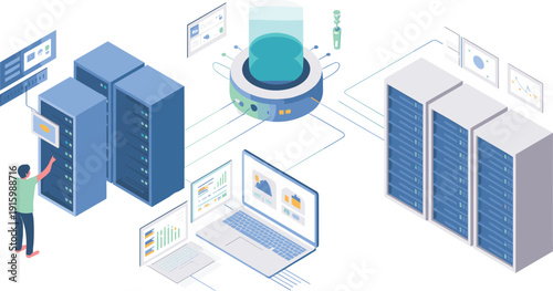 Isometric data center infrastructure, cloud computing servers, database storage network, cybersecurity analytics technology, IT management system visualization illustration concept design