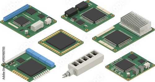 Isometric electronic circuit boards collection, microchip processors, PCB hardware modules, embedded computer components, digital engineering technology illustration design
