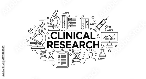 Clinical Research Typography Illustration with Line Art Icons Set
