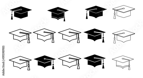 Graduation cap icon set line and solid style