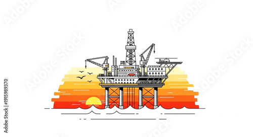 Offshore oil rig platform at sunset with birds flying.