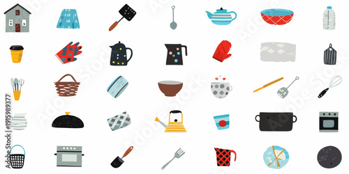 Collection of colorful flat design kitchen and household item icons