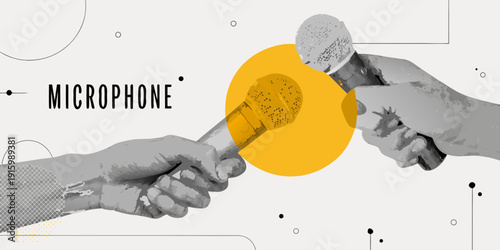 Hands reaching for a microphone against a graphic yellow and gray background