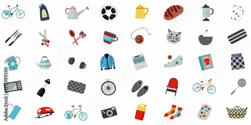 Colorful collection of flat design icons depicting various everyday objects