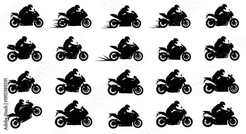 Motorcycle rider in various action poses and movements.