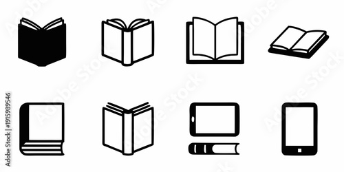 Collection of black and white book and device icons in various orientations