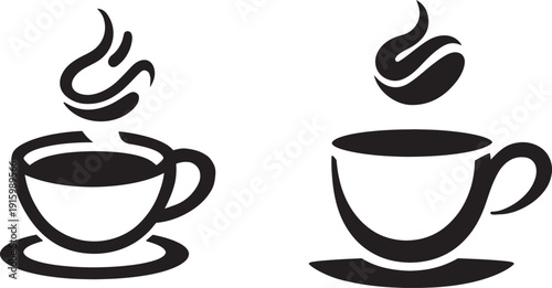 Coffee Cup Icon Set with Hot Steam and Coffee Bean Black Silhouette Vector Illustration for Cafe Logo and Restaurant Design