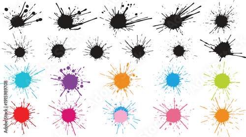 Ink Paint Splatter Collection with Colorful and Black Splash Blots Vector Illustration Set for Grunge Background, Art and Creative Design
