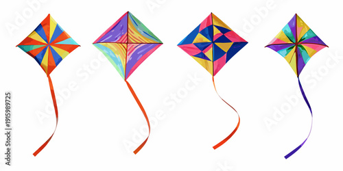 A vibrant collection of four colorful diamond shaped kites against a white background