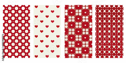 Four red and white patterned backgrounds with hearts and diamond shapes
