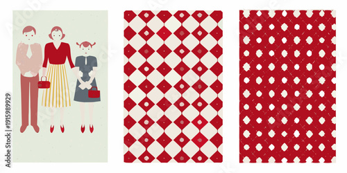 Three panels showcasing retro fashion illustrations and geometric red patterns