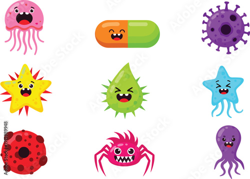 Cute Cartoon Germ and Virus Characters Collection with Bacteria Microbe Icons Vector Illustration Set for Healthcare, Education and Kids Design