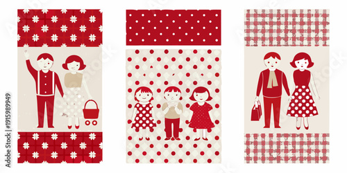Three patterned panels depicting families and red and white designs