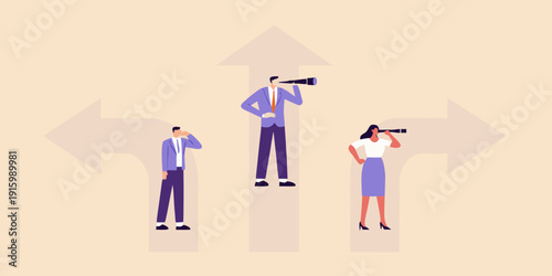 Businesspeople contemplating direction with binoculars at a crossroads