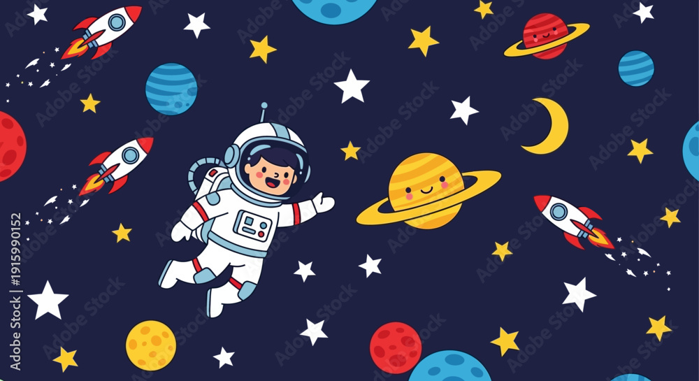 Naklejka premium Astronaut floating in space surrounded by planets, stars, and rockets in a vibrant cartoon illustration