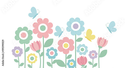 A charming illustration of pastel-colored flowers and butterflies in a whimsical garden scene, perfect for spring and gentle themes.