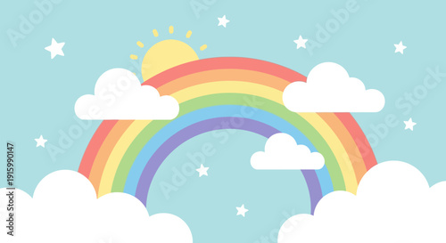A cheerful and whimsical cartoon illustration of a vibrant rainbow arching across a soft blue sky, surrounded by fluffy white clouds, a bright yellow sun, and sparkling white stars.