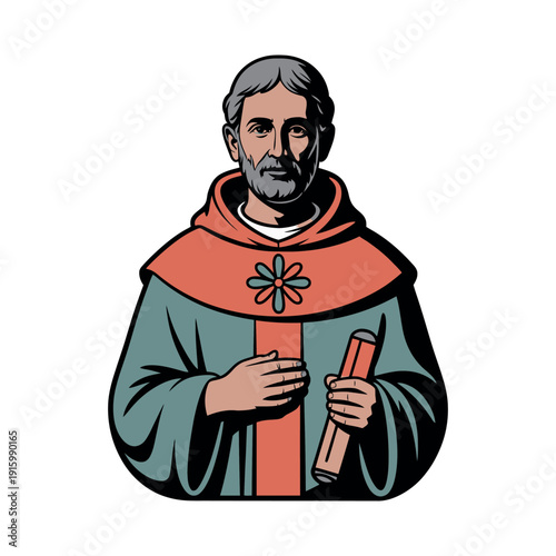 Bearded religious scholar figure in historical robes holds a sacred scroll against white.