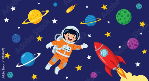 A happy cartoon child astronaut floats in outer space with colorful planets, stars, a comet, and a launching rocket.