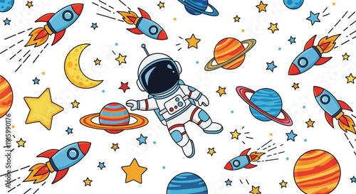 A vibrant and playful seamless pattern featuring a cute astronaut, colorful planets, rockets, stars, and a crescent moon on a white background, perfect for children's designs.