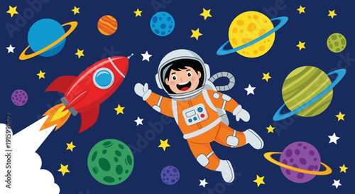 A young astronaut floats in space surrounded by planets and stars with a rocket ship nearby