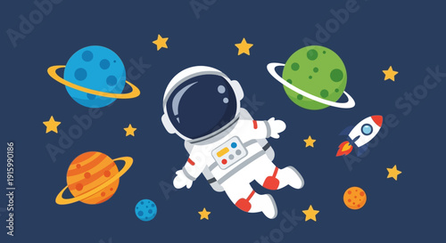 Cute cartoon astronaut floating in outer space with colorful planets, stars, and a rocket on a dark blue background.
