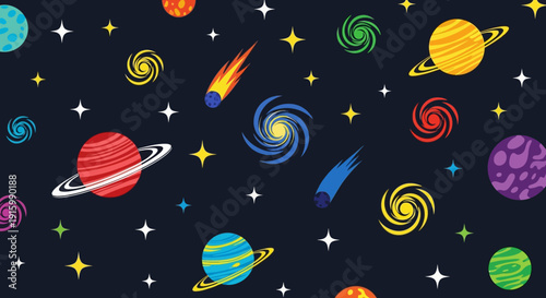 A vibrant and colorful cartoon space pattern featuring planets, stars, comets, and swirling galaxies on a dark cosmic background, perfect for children's themes.