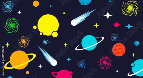 Vibrant cartoon space background with colorful planets, stars, comets, and spiral galaxies on a dark blue sky.