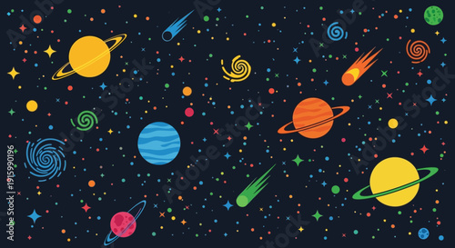 A vibrant, colorful cartoon illustration of outer space with planets, comets, galaxies, and stars on a dark background.