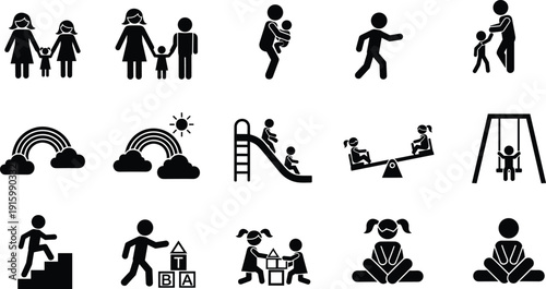 Parenting and childhood silhouettes, family care, children playing, rainbow icons, educational activities, growth, development, interaction, support illustration concept