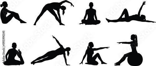 Black silhouette vector illustration of diverse yoga and fitness poses, showcasing strength, balance, flexibility, and exercise routines with elegant minimal design.