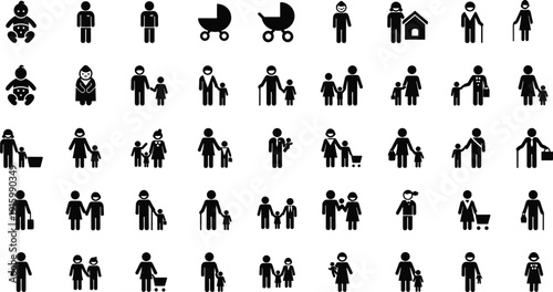 Parenting silhouettes illustration, child‑rearing vector artwork, family caregiving design graphics, generational interaction icons, everyday parent child symbol set